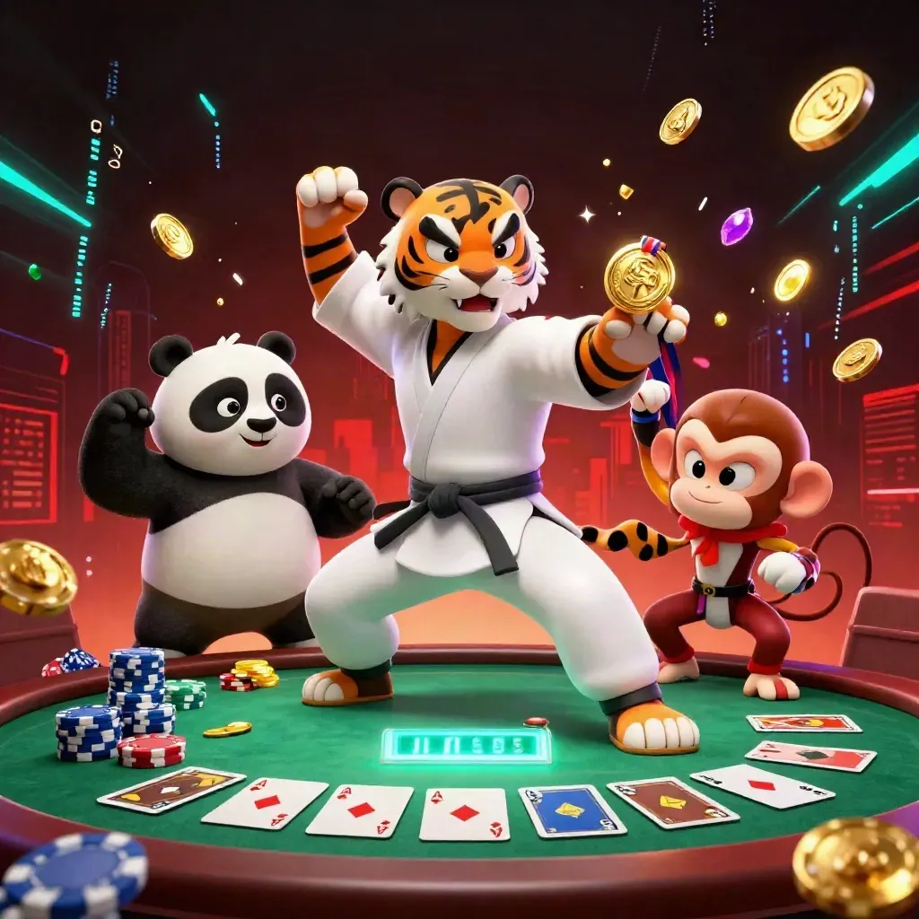 Kung-fu tiger, panda, and monkey amid poker chips, teal bolts, and casino glow.