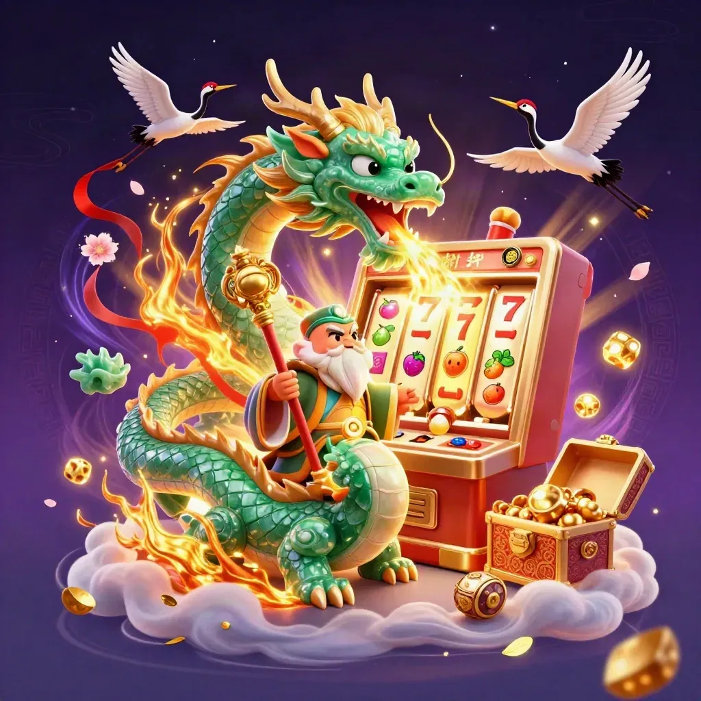 Emerald dragon, turtle sage, and cranes amid jackpot bursts on a neon casino starfield