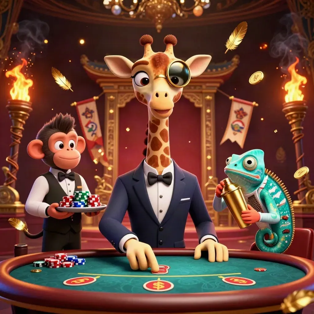 Luxe casino trio: giraffe, monkey, and chameleon amid coins, fire, and temple decor.