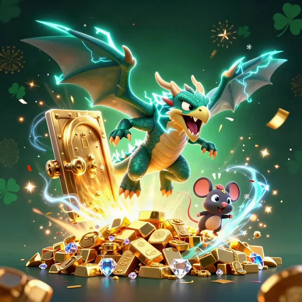 Thunder dragon, wind hawk, and electric mouse burst from a gold vault amid gems and teal lightning.