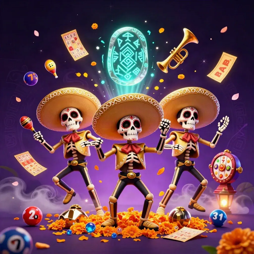 Day-of-the-Dead skeleton mariachi trio amid teal magic, casino game bursts, and glowing rune energy
