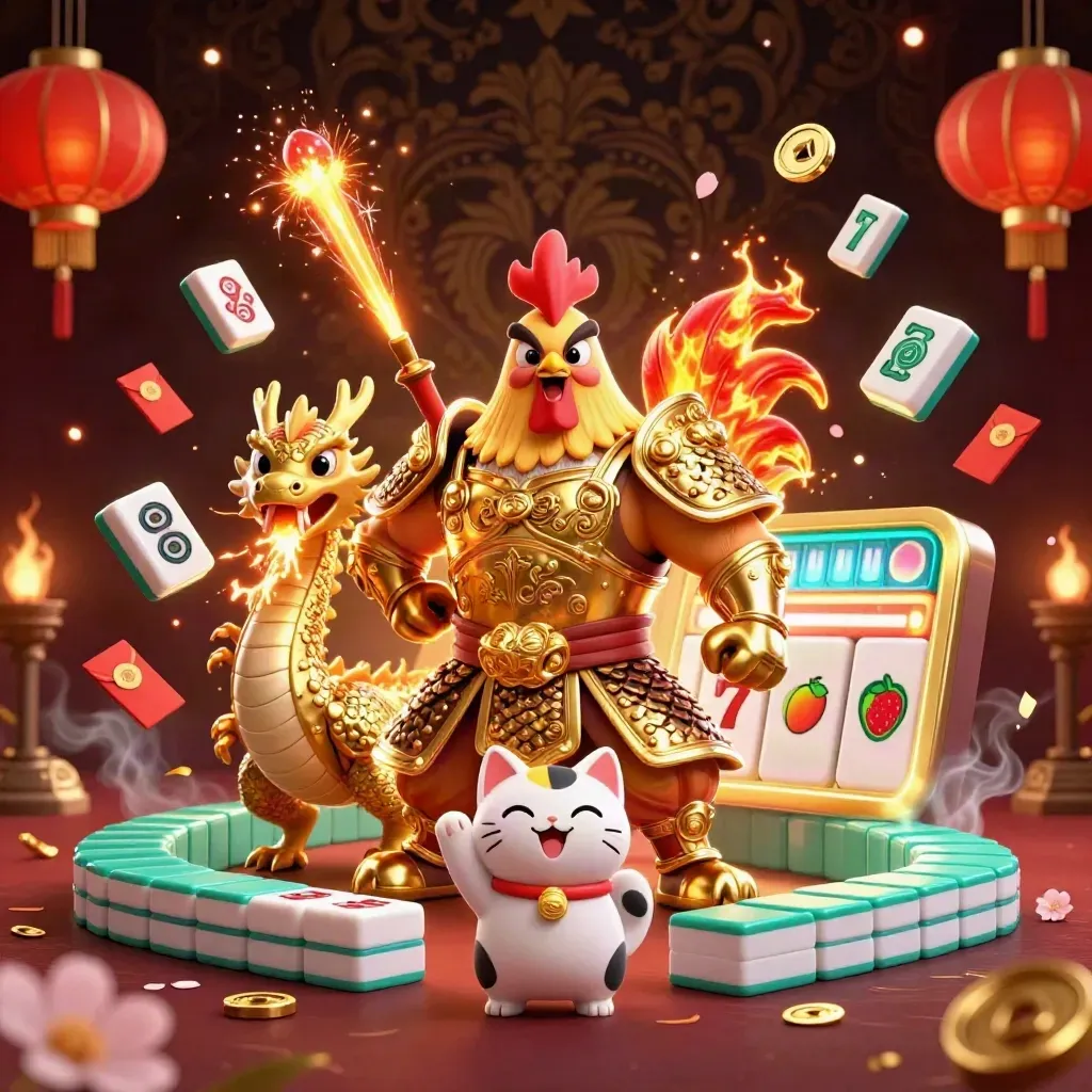 Rooster warrior, dragon hatchling, and fortune cat amid casino treasure bursts