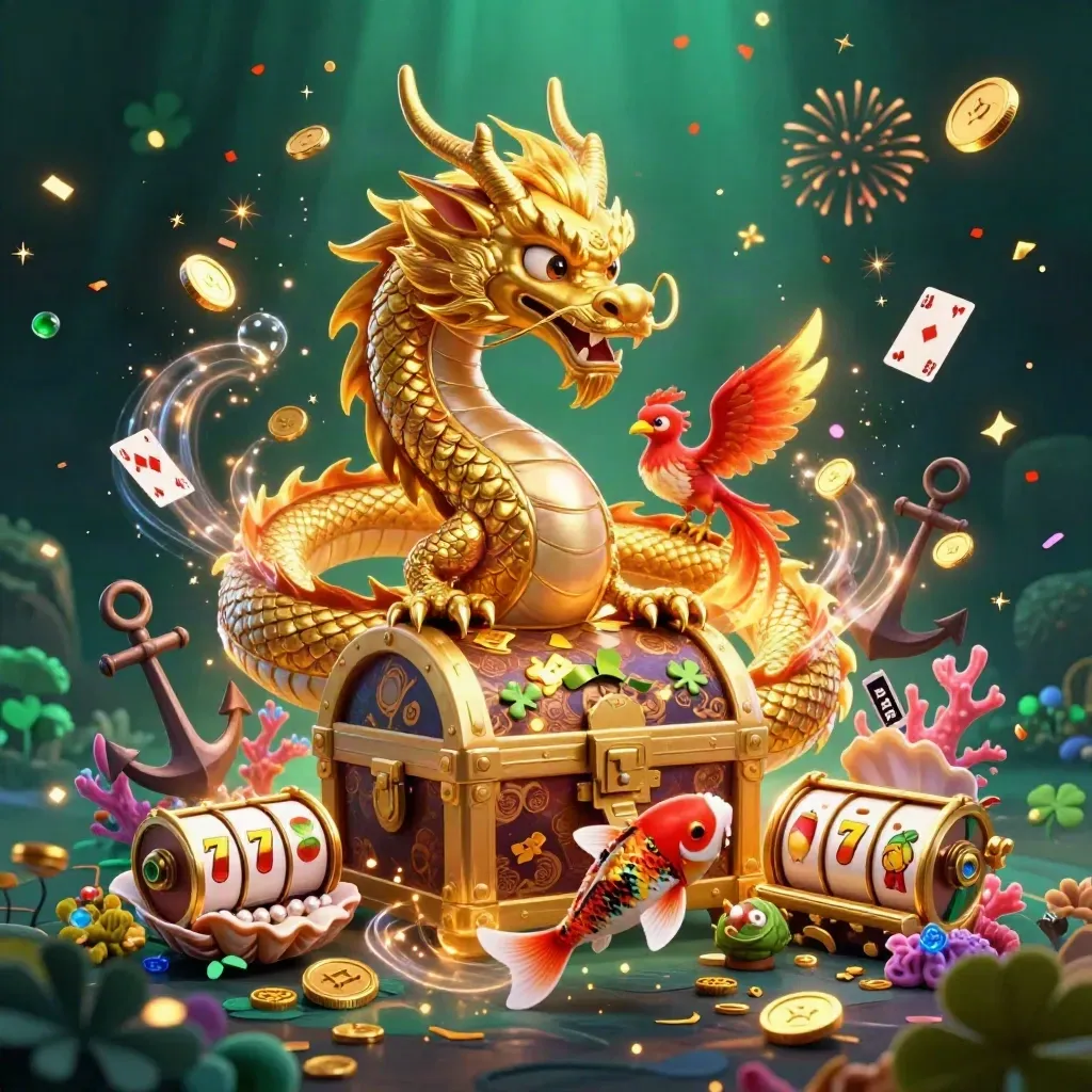 Golden dragon, phoenix and koi burst from treasure chest with coins, fireworks and slot symbols.