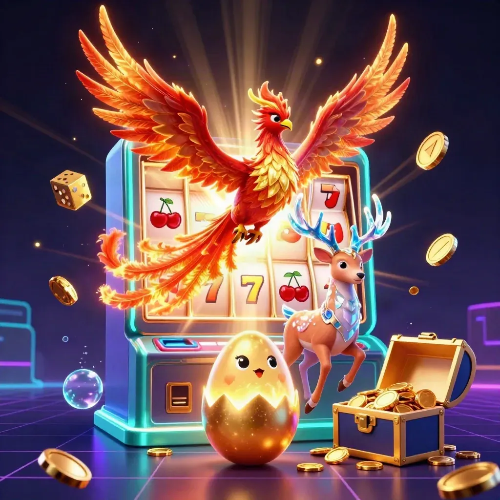 Phoenix, stag and hatching chick amid slot reels, coins and treasure in neon casino glow.