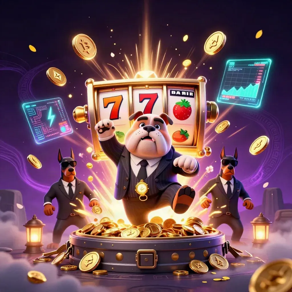 Bulldog boss and bodyguards burst through treasure coins, fire, and neon casino effects.