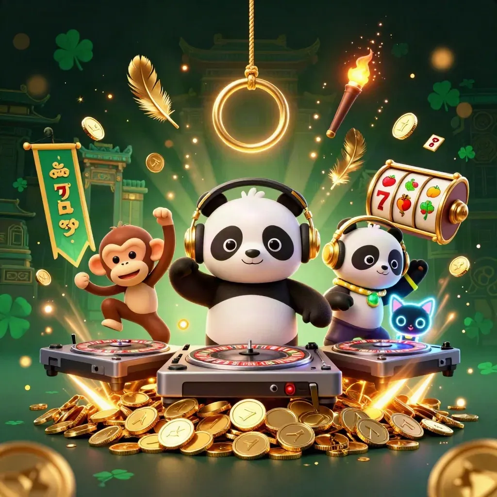 DJ panda, dancing monkey, and glow-stick kitten amid coins, fireworks, and a temple gate