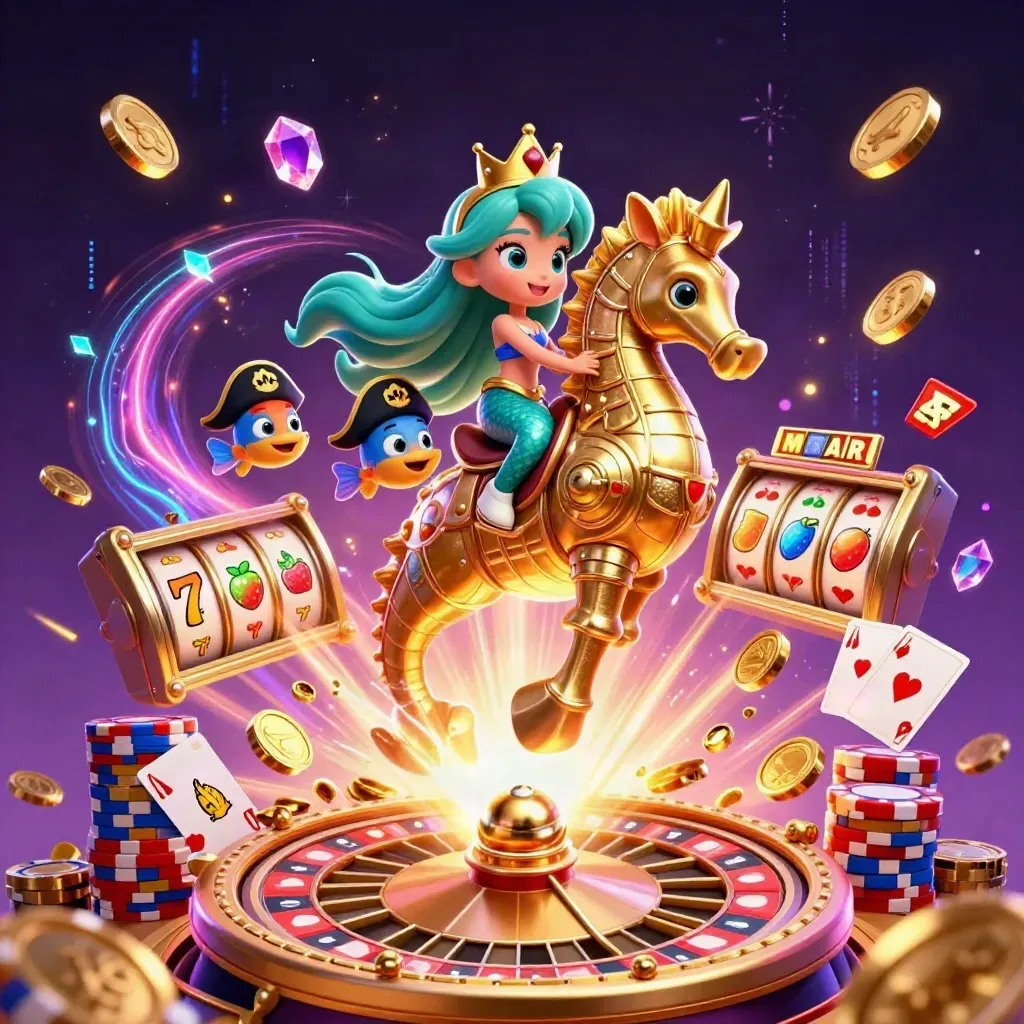 Mermaid princess on armored seahorse with pirate fish amid coins, reels, cards, chips, and fireworks