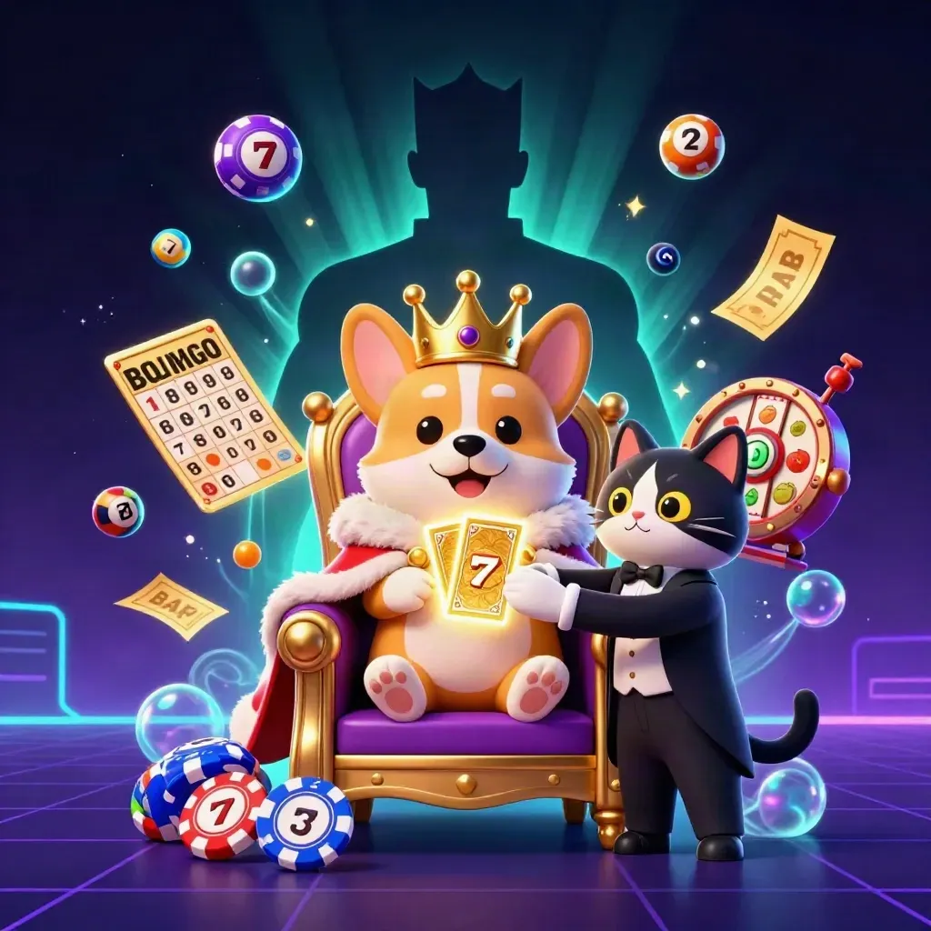 Royal corgi and cat butler on poker-chip throne amid neon casino symbols