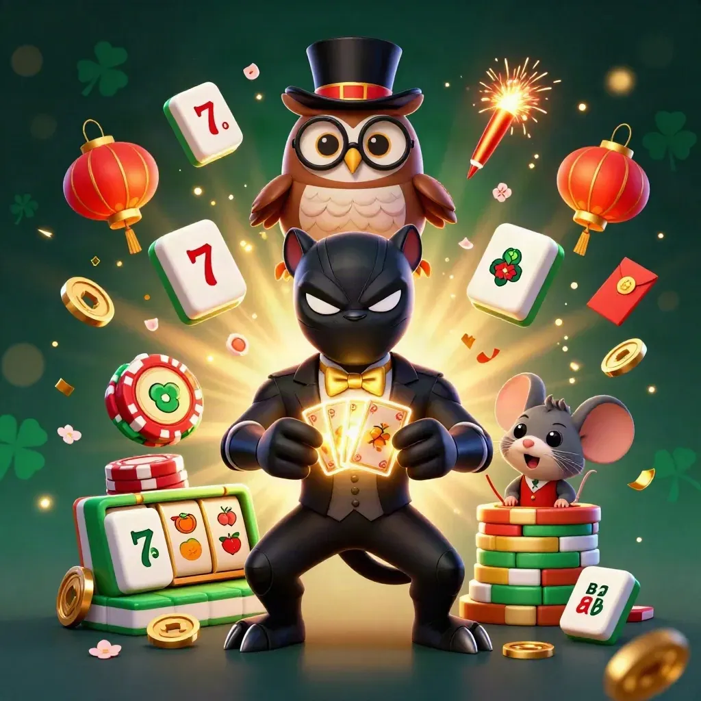Panther, owl, and mouse amid jackpot reels, coins, lanterns, and teal-gold casino glow.