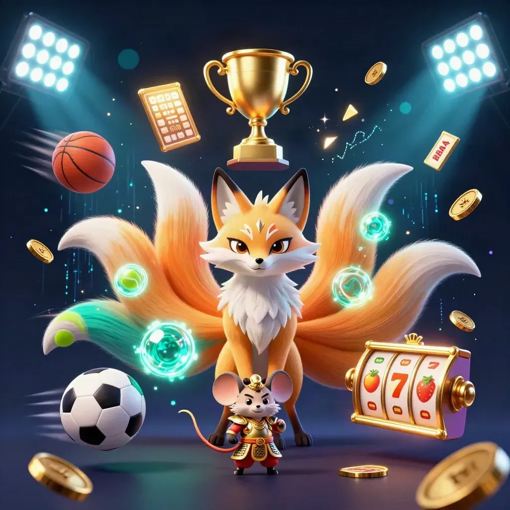 Nine-tailed neon fox spirit with gold mouse samurai amid casino icons, coins, and electric energy.