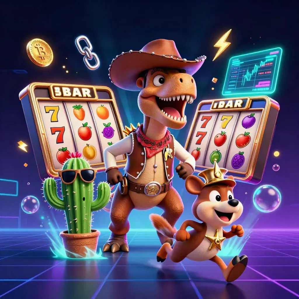 Cowboy T-Rex, cactus sidekick, and roadrunner amid neon crypto slot reels on a dark casino grid.
