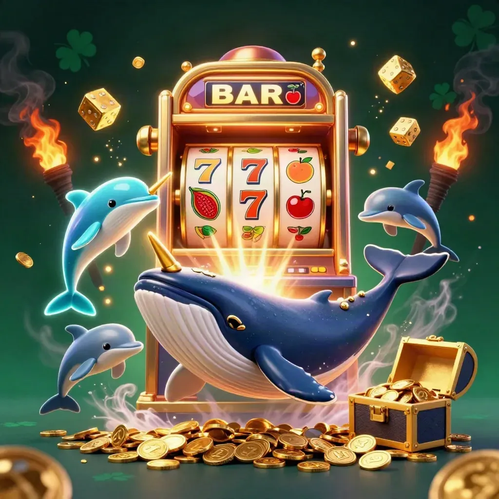 Captain whale, narwhal, and dolphins amid a bursting slot machine and gold coins in neon casino light.