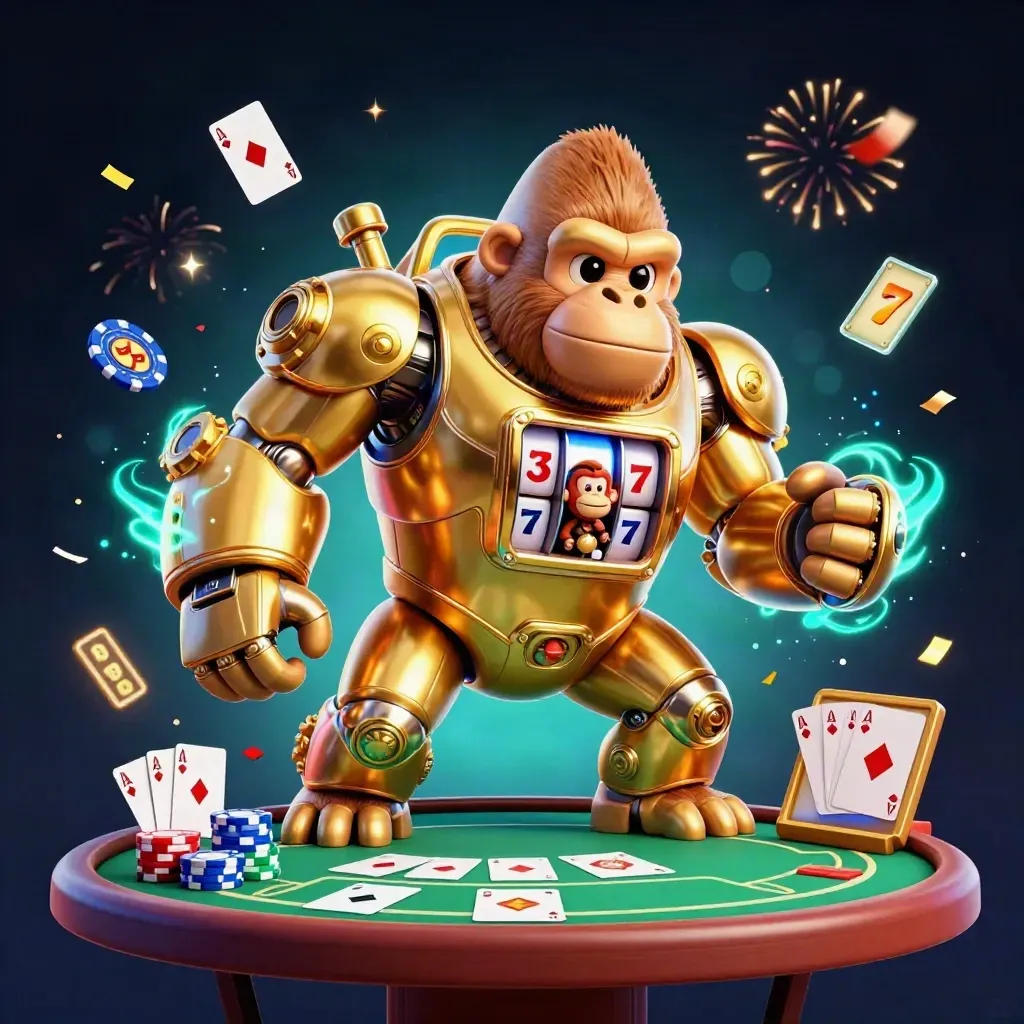 Golden gorilla slot mech with tiny monkey pilot amid poker chips, reels, and teal sparks.