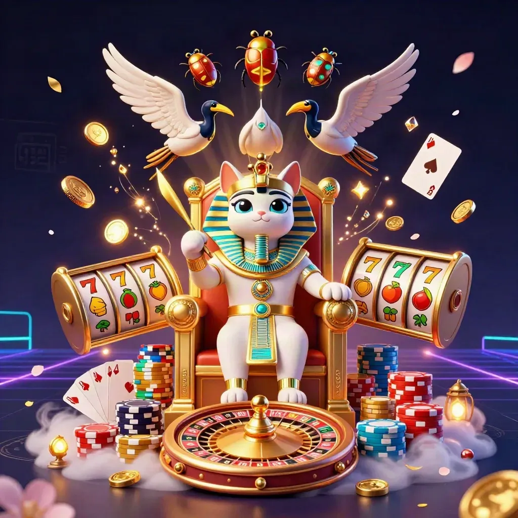 Pharaoh cat throne scene with ibis scribe, scarabs, coins, chips, and casino glow.