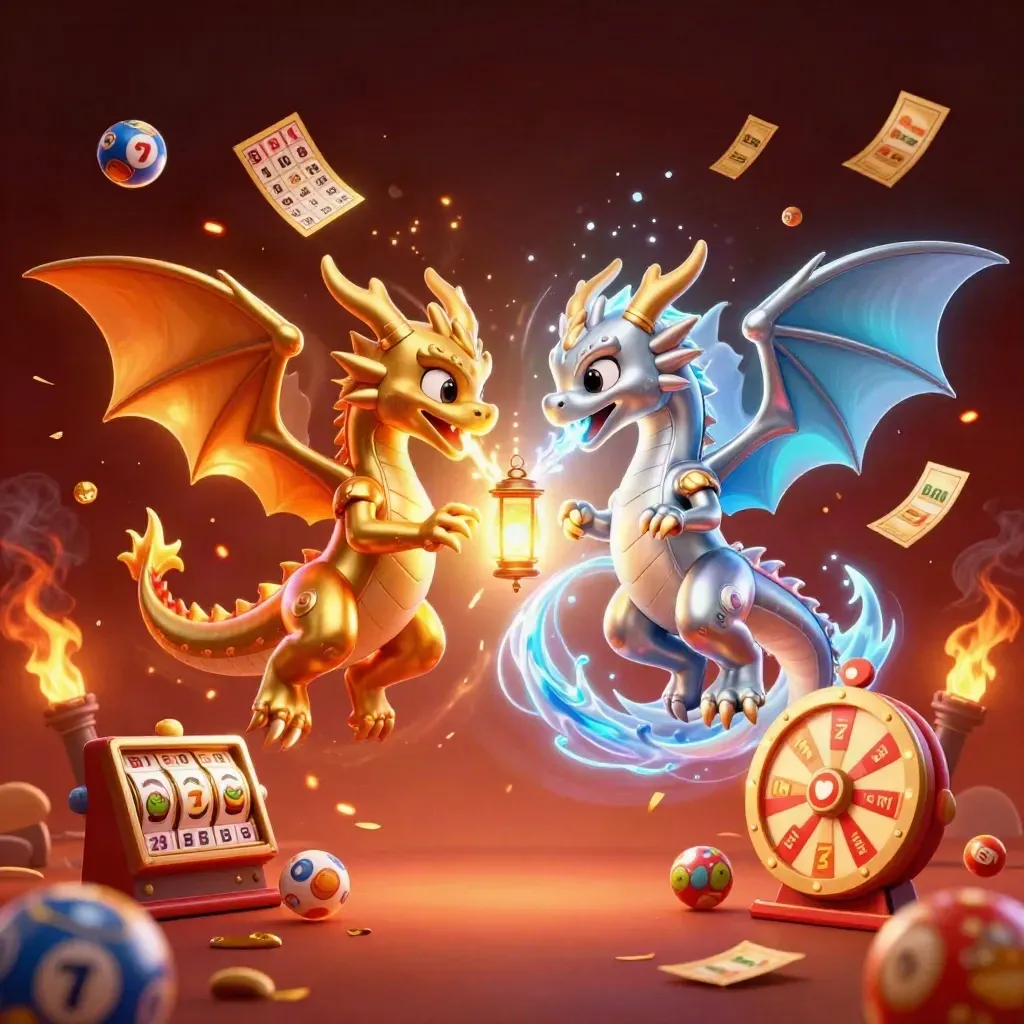 Gold and silver dragons with a lantern spirit amid casino rewards and glowing embers.
