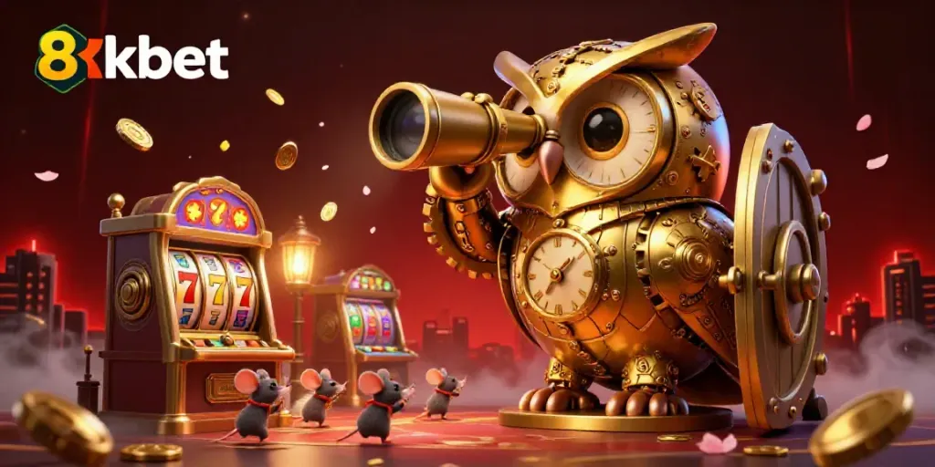 Experience thrilling wins at 8kbet, featuring a cartoon owl surveying a lively casino scene.