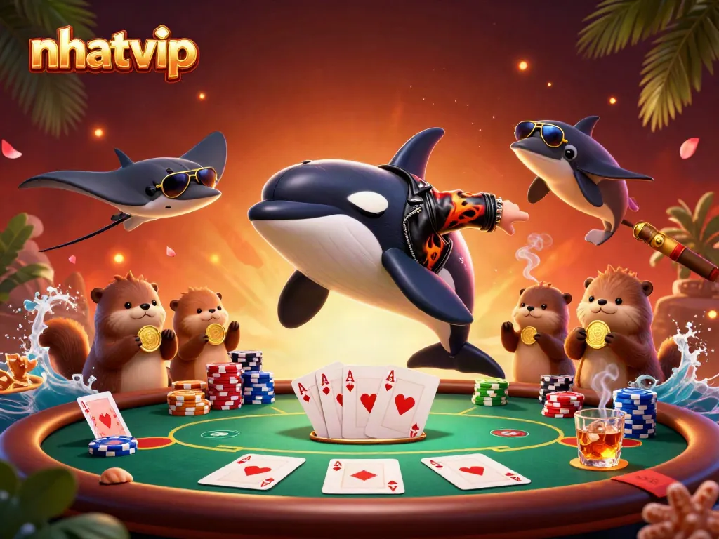 Nhatvip orca whale character wins at a vibrant poker scene with otters and stingray.
