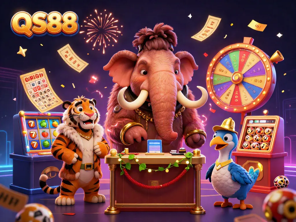 Experience the thrill of QS88's casino scene with vibrant characters and dynamic gaming elements.
