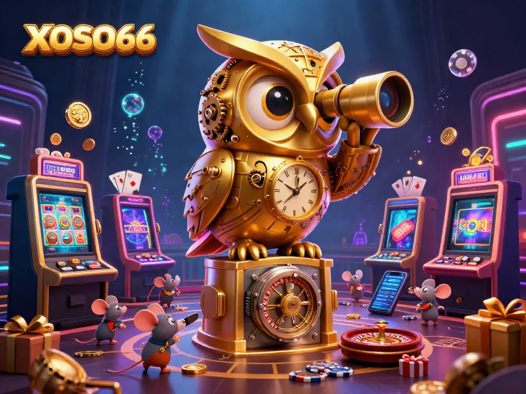 XOSO66 promotions captured in a vibrant 3D casino scene with a golden owl and tiny mice players dancing among slot machines.
