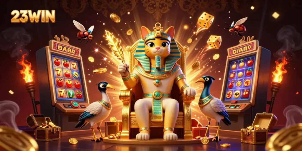 Experience the thrill of 23WIN with a vibrant illustration of a pharaoh cat amidst slot machines and casino elements.