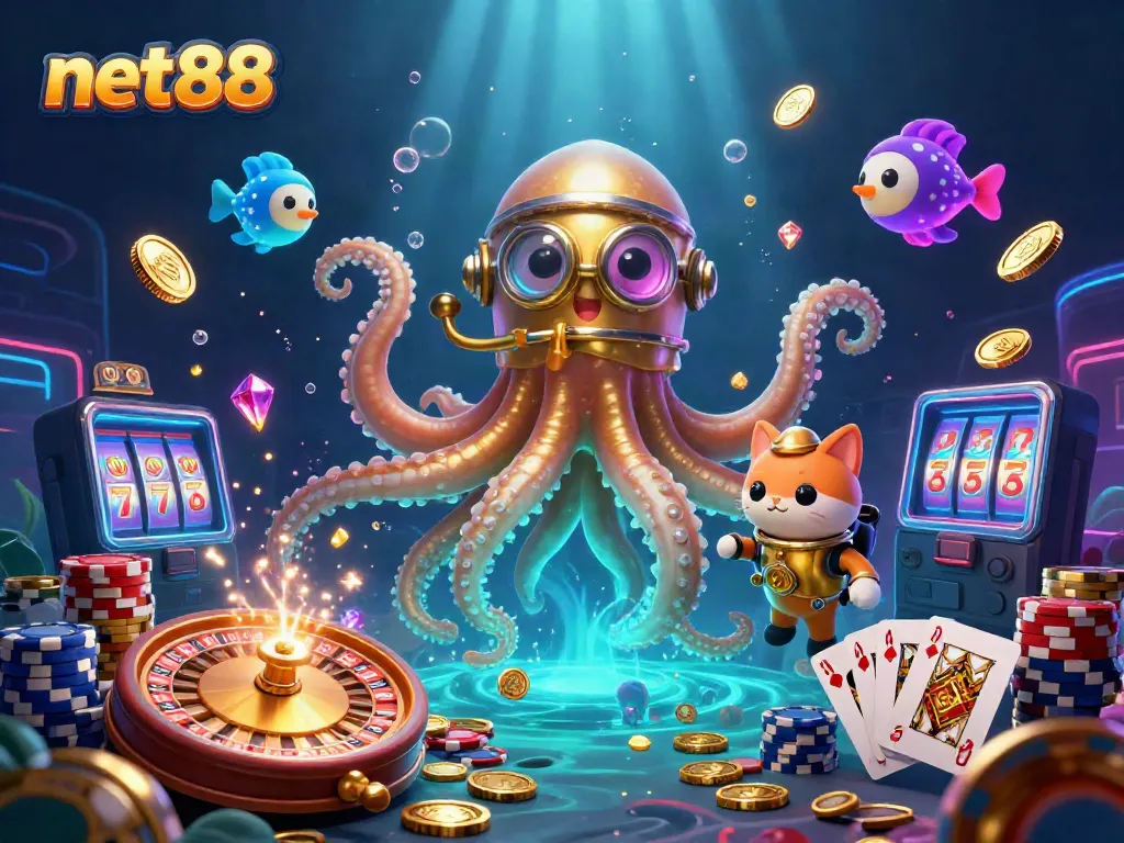 Experience the thrill of net88 with a cartoon kraken and vintage diving cat surrounded by casino elements.