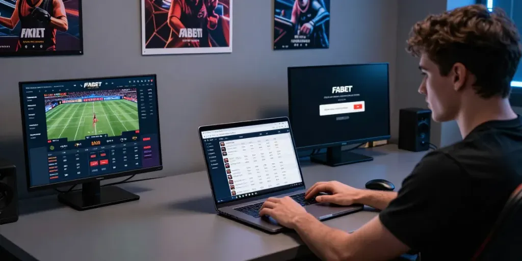Engaged player using FABET platform for online betting with multiple screens displaying live games.