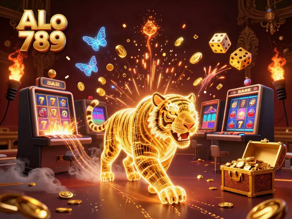 Experience excitement in ALo 789's dynamic digital casino showcasing a neon tiger and jackpot animations.