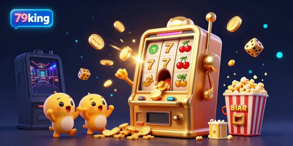Experience the jackpot excitement with 79king's animated golden slot machine winning big and celebrating.