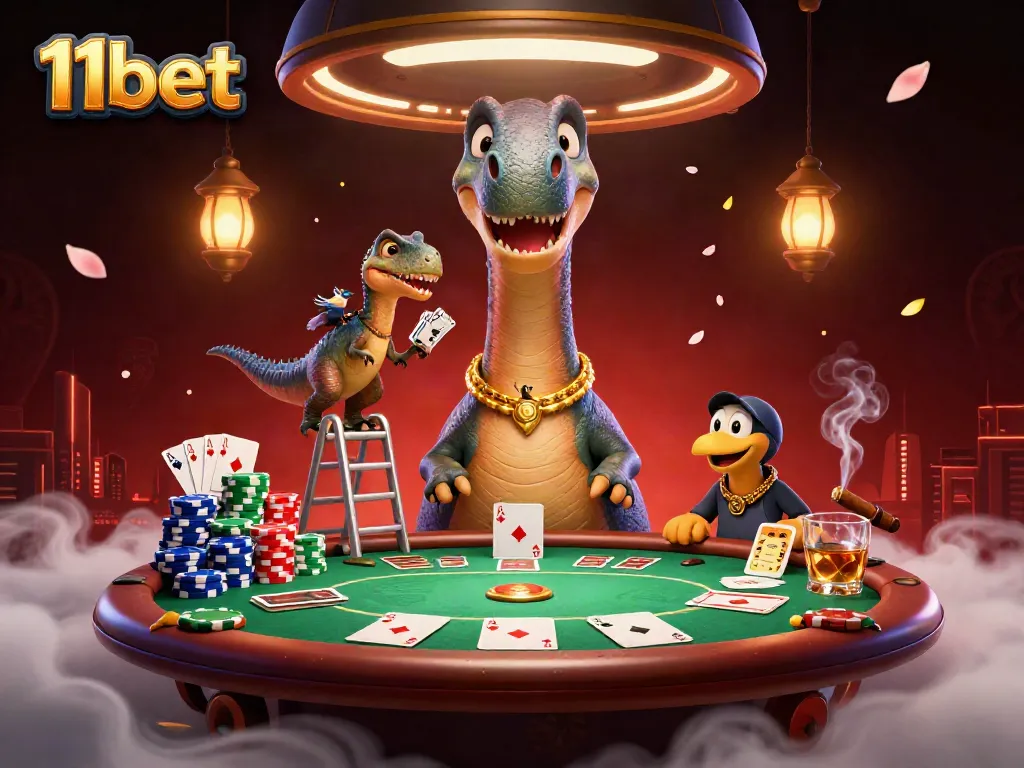 Engage with 11bet's vivid poker scene featuring a playful dinosaur and raptor dealer.