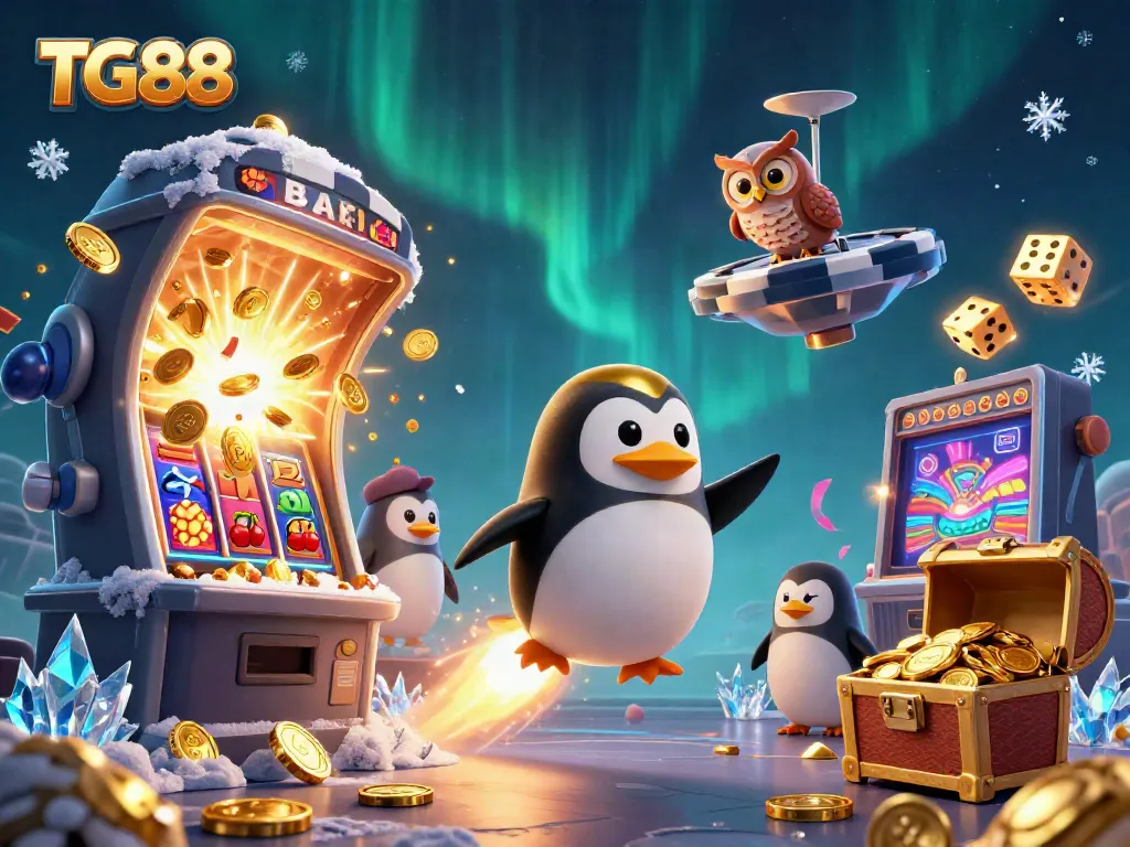Engage with TG88's thrilling casino experience as a golden penguin soars past a jackpot slot machine.