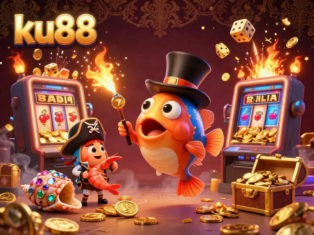 ku88 casino themed illustration with anglerfish and pirate shrimp attracting jackpot coins
