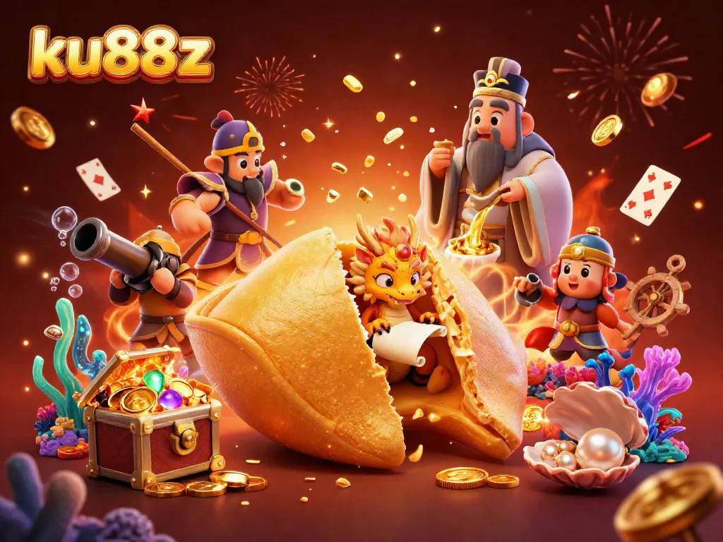 Engage in thrilling casino fun with ku88z featuring a 3D golden fortune cookie, wise dragon, and captivating gaming elements.