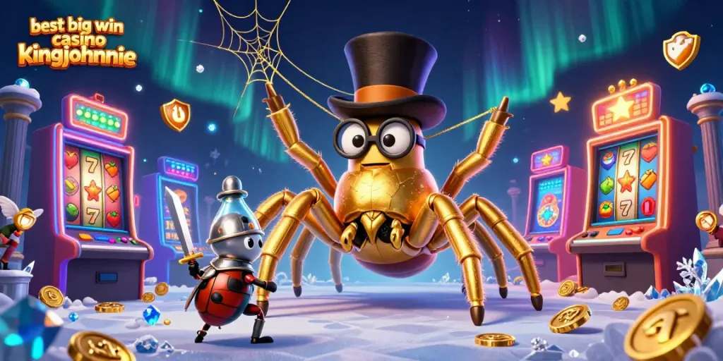 Experience the excitement at the best big win casino kingjohnnie as a golden tarantula weaves its web in a vibrant scene.