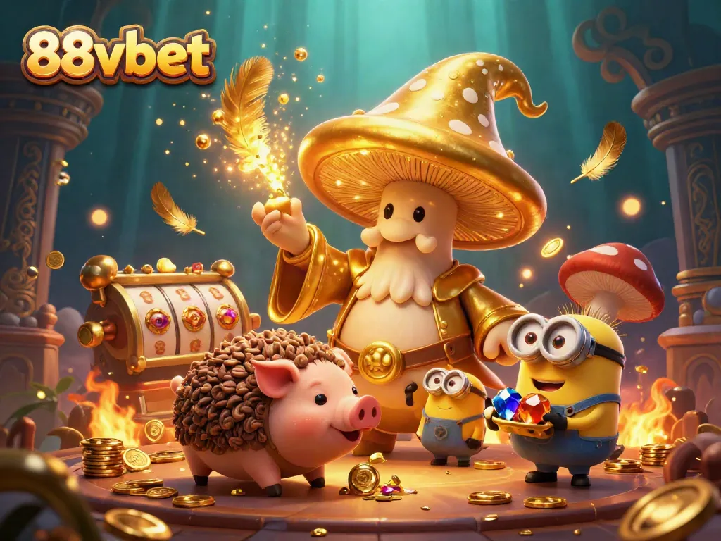 Experience the magic of 88vbet with a golden wizard and treasure in this vibrant casino scene.