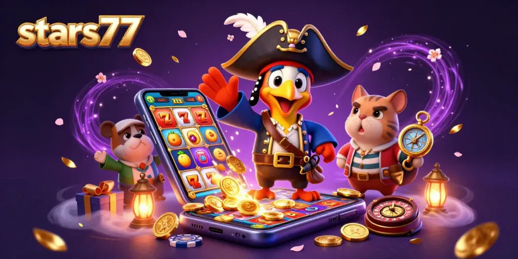 Taruhan slot menarik di stars77 dengan karakter bajak laut dan elemen kasino yang menakjubkan.