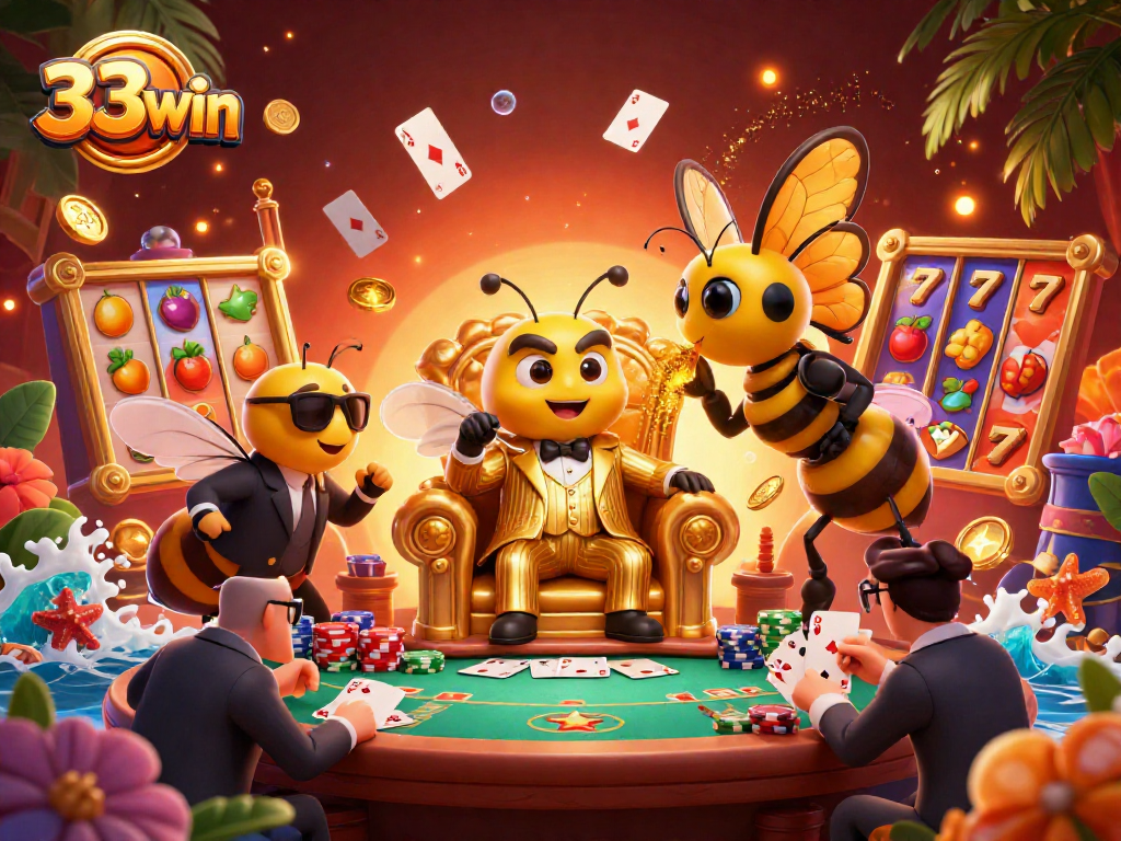 Engage with the immersive world of 33win, experiencing a vibrant casino scene with rich gaming elements.