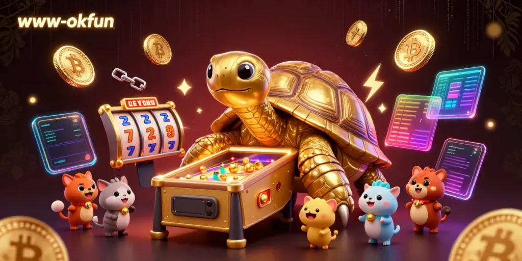 Experience the thrill of winning at www-okfun with a lively casino scene featuring a golden tortoise and dynamic games.