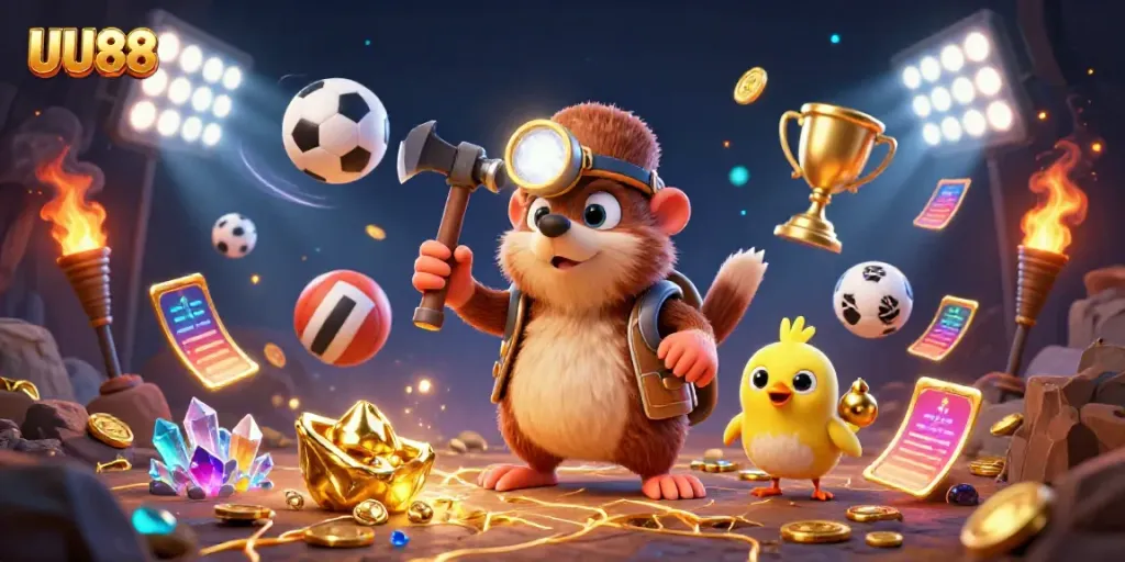 Experience thrilling betting action at UU88 with a cartoon treasure hunter mole, surrounded by golden prizes and sports elements.