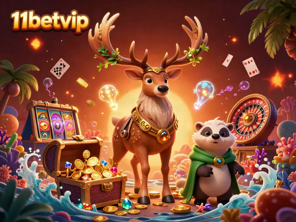 Experience thrilling moments at 11betvip with a vibrant, detailed casino scene featuring rich symbols and characters.