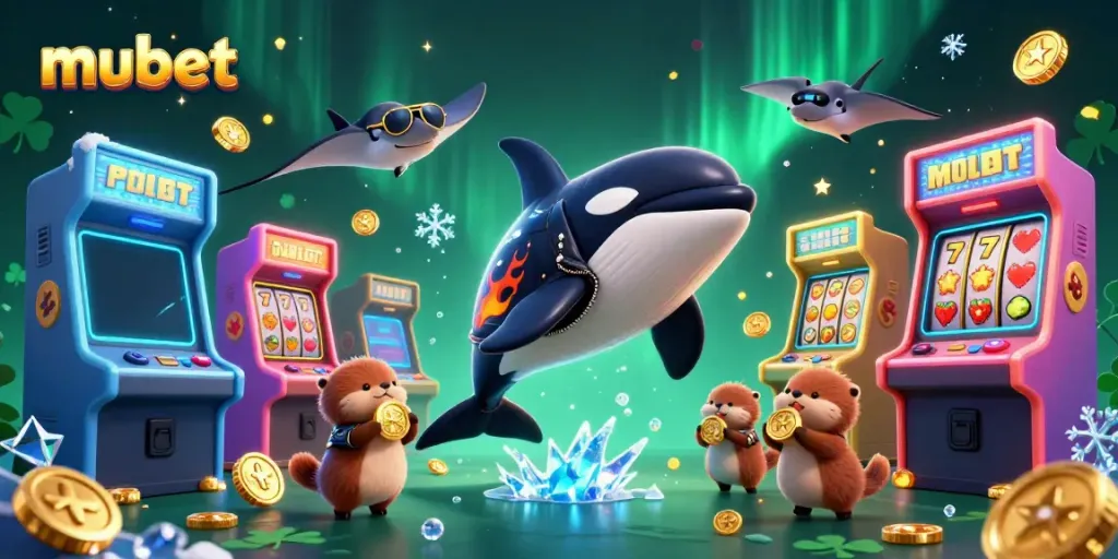 Experience immersive casino action with mubet's dynamic cartoon characters, coins, and gaming elements.