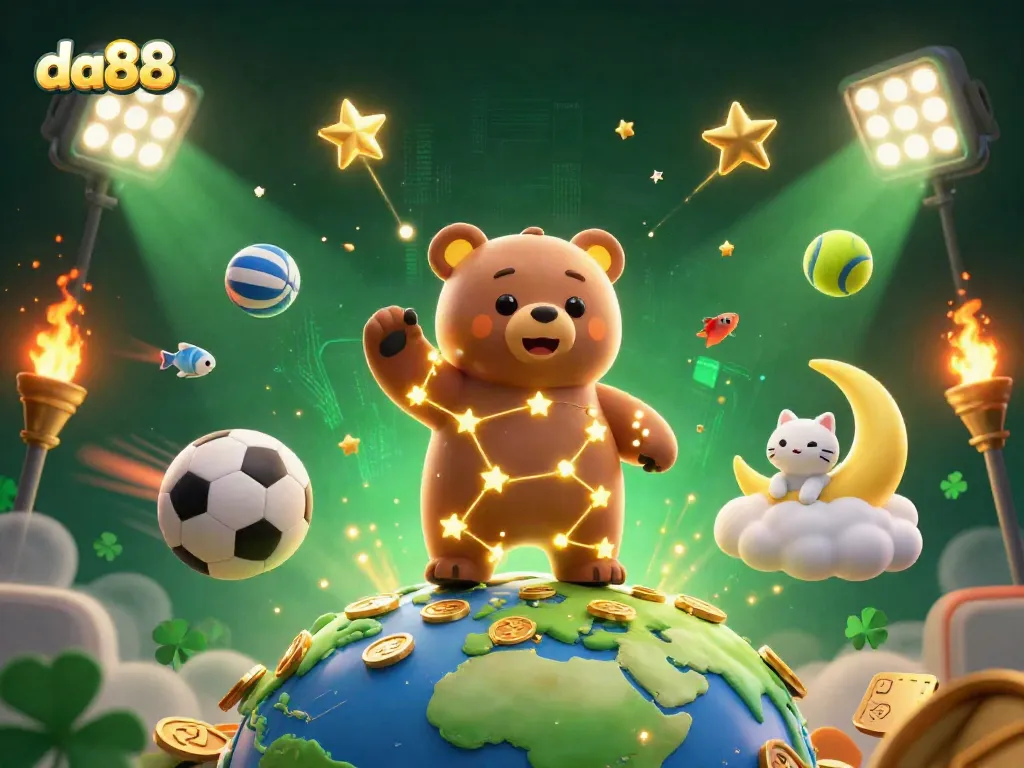 Experience thrilling gameplay with da88 in this vibrant 3D casino scene featuring constellation bear characters.