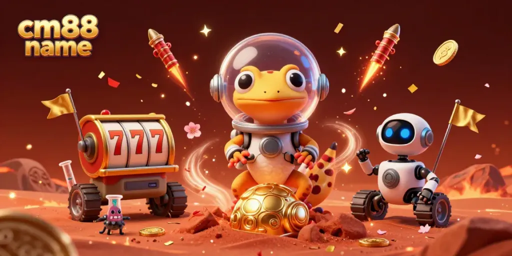Engage with cm88 name in a vibrant, ultra-detailed scene showcasing a Martian gecko exploring a golden casino.