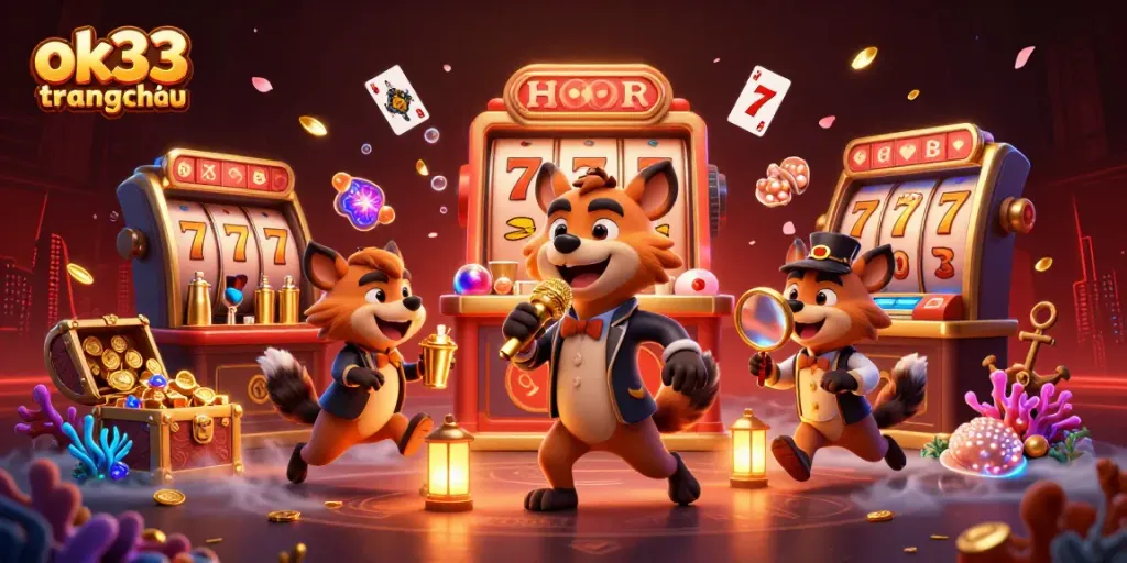 This vibrant illustration brings "ok33 trang chủ" to life with entertaining hyenas in a casino setting.