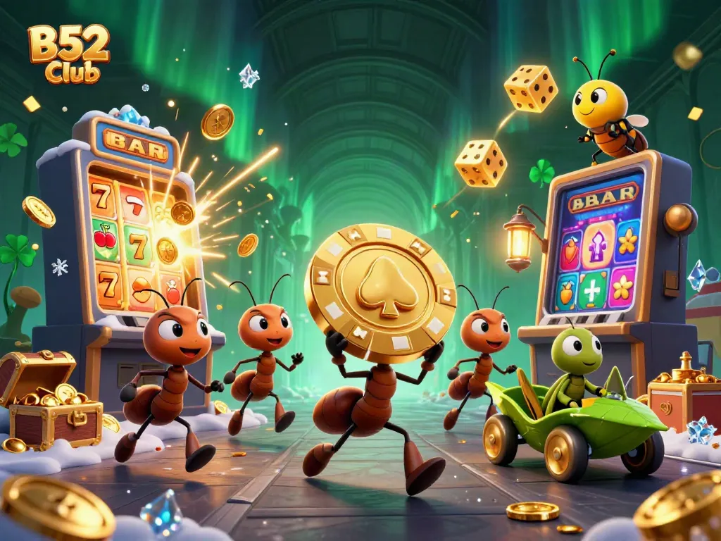Experience thrilling gaming at B52 Club with ants on a heist, golden chips, and dynamic casino elements.
