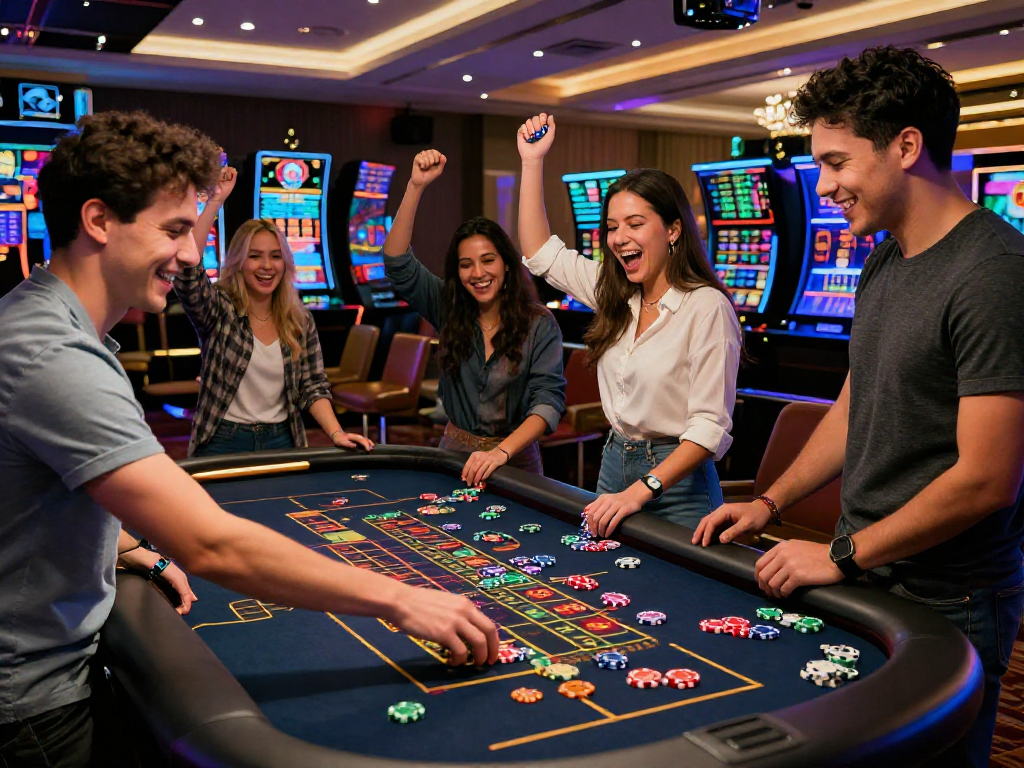 Giocatori in un casinò senza AAMS mentre scommettono ai tavoli e celebrano vincite.