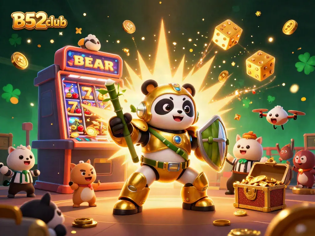 Experience the excitement of B52club with a vibrant 3D casino scene featuring a golden panda and dynamic game elements.