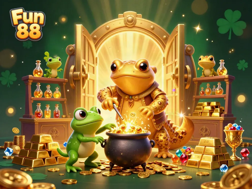 Engage in Fun 88's thrilling gaming experience with golden coins and dynamic characters in this vivid illustration.