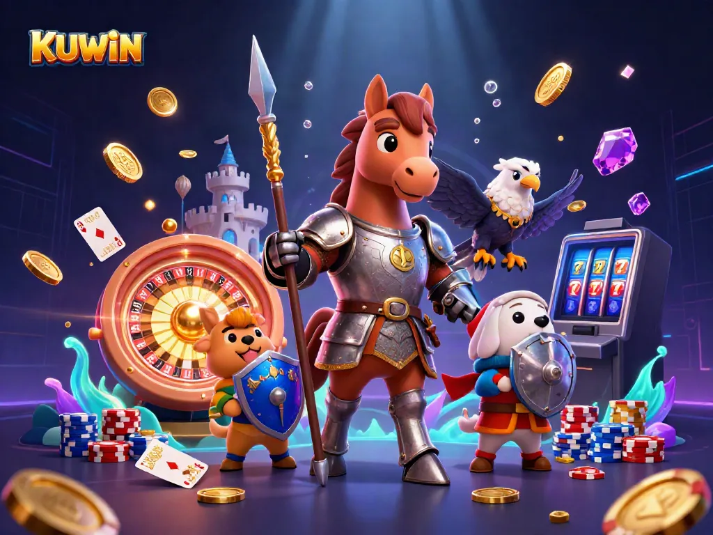 Experience the thrill of KUWIN with dynamic casino elements, featuring 3D characters and vibrant game symbols.