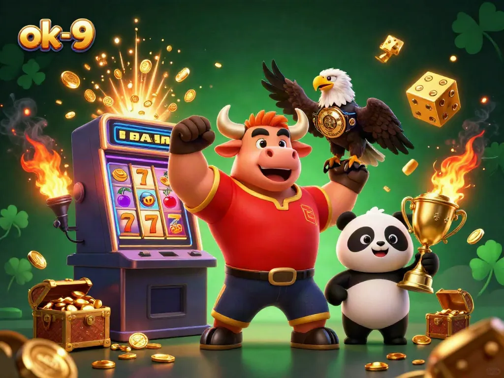 Win big with the excitement of ok-9, showcasing a vibrant casino scene with a bull, eagle, and panda.