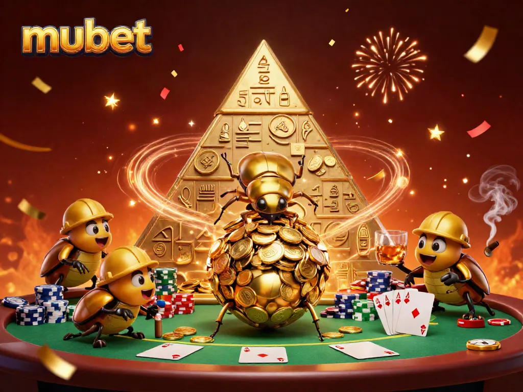 Experience the thrill of mubet as a golden beetle rolls coins during a vibrant casino celebration.